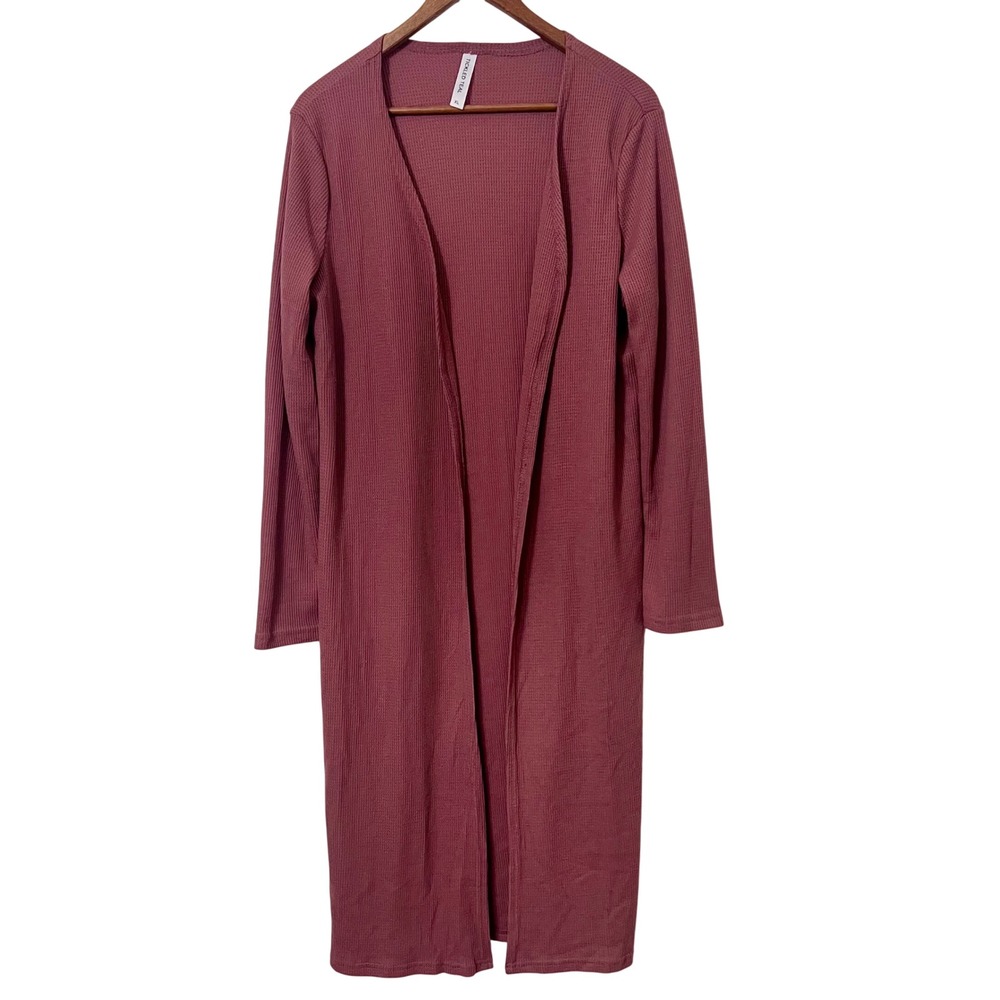 Tickled Teal Waffle Knit Longline Open Front Cardigan Mauve XL Split Hem